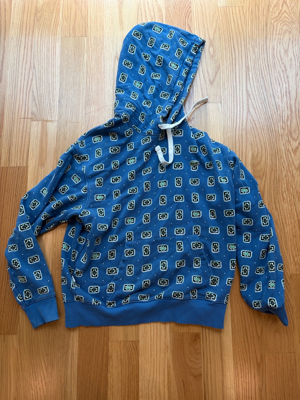 Lacoste LIVE Blue Hooded Pullover with Green and Black Medallion Print